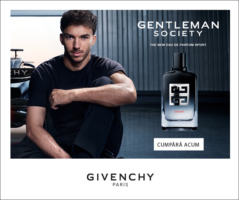 Parfum Givenchy Gentleman Society Eau de Parfum Sport pentru bărbați, prezentat într-o reclamă elegantă, cu flaconul în prim‑plan și mesaj „Cumpără acum”
